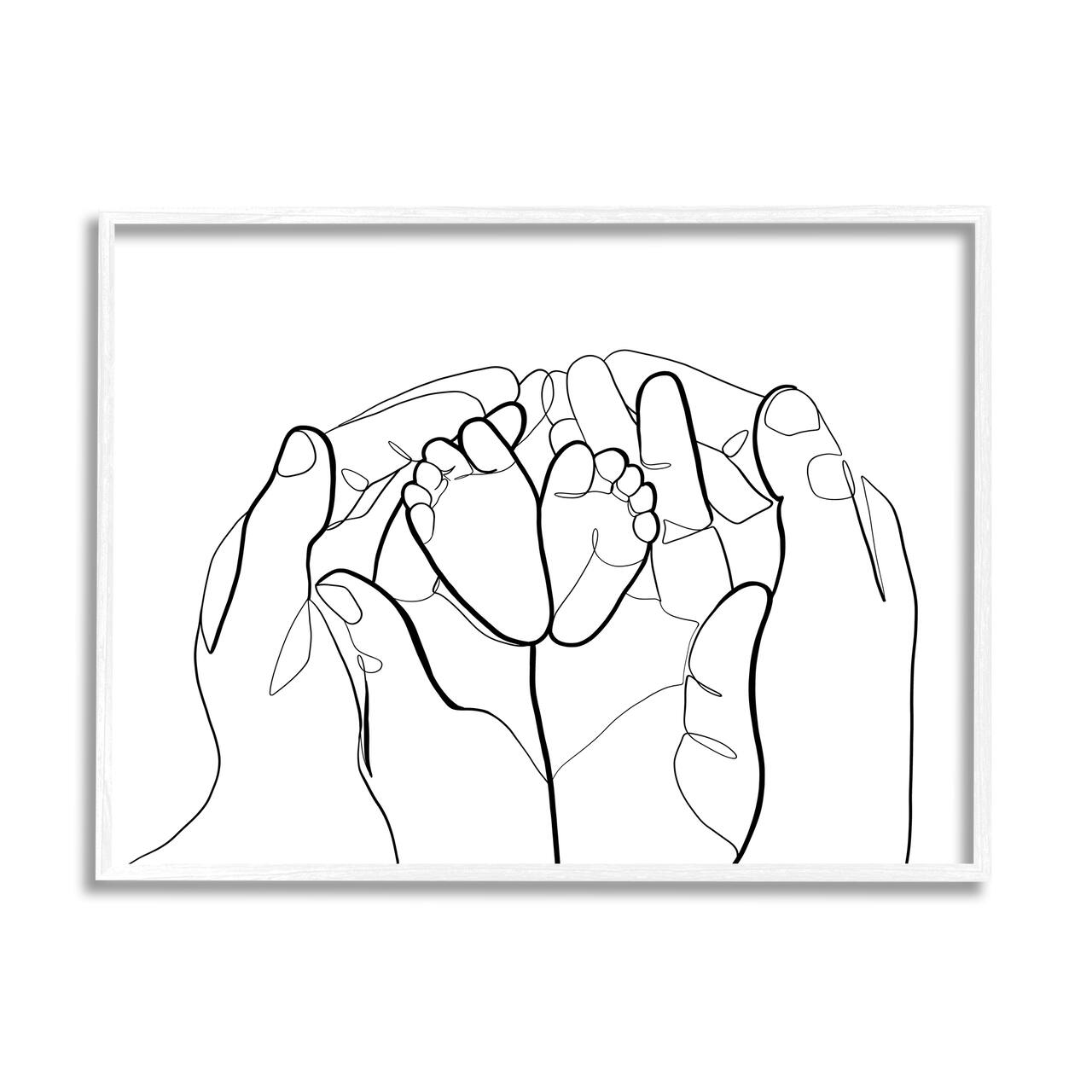 Stupell Industries Family Hands Holding Baby Feet Minimal Modern Linework in White Frame Wall Art